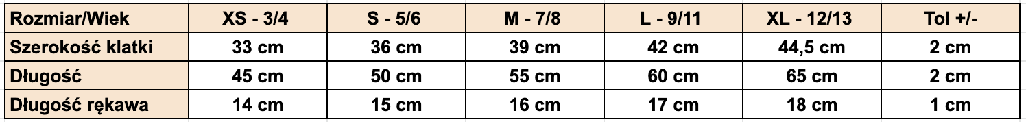 Tabela rozmiarów t-shirt z nadrukiem dziecięcy